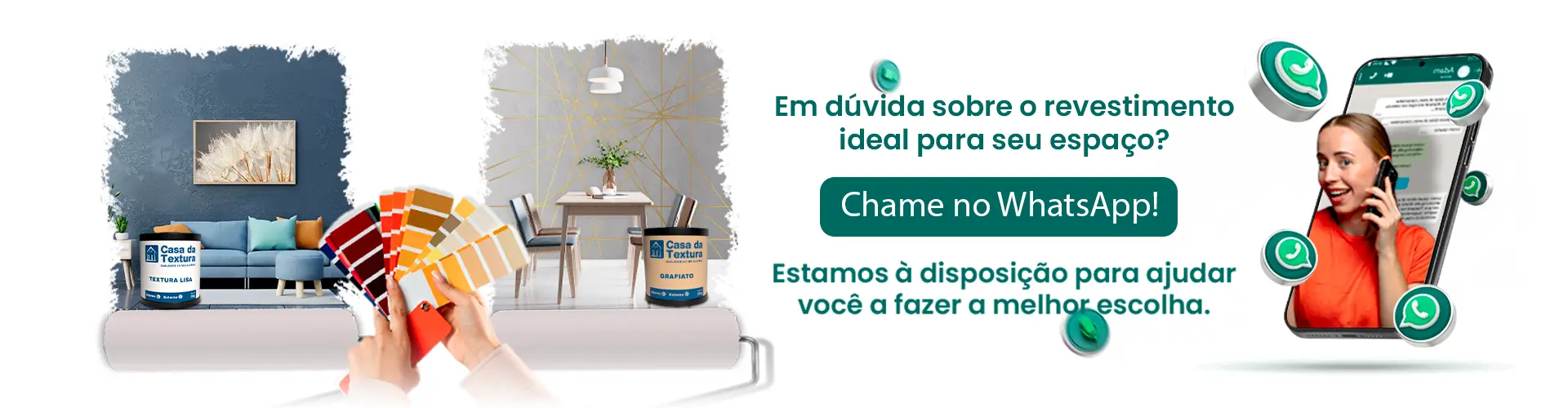 Atendimento Casa da Textura via WhatsApp com demonstração de produtos Textura e Grafiato em ambientes decorados.