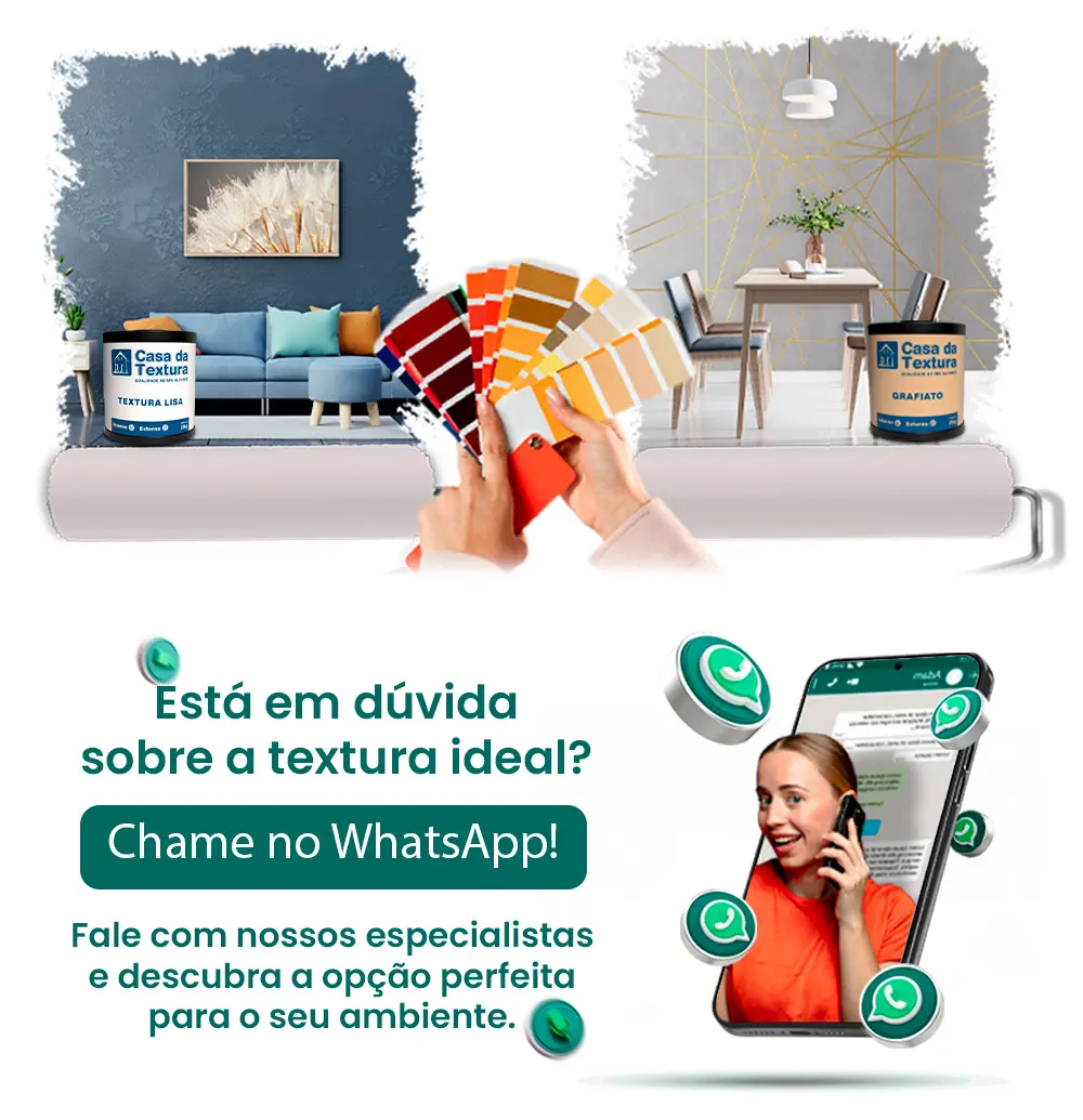 Atendimento Casa da Textura via WhatsApp com demonstração de produtos Textura e Grafiato em ambientes decorados.