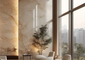 Acabamento Marmorato em parede, mostrando efeito marmorizado, liso e brilhante, ideal para salas, halls e ambientes sofisticados.