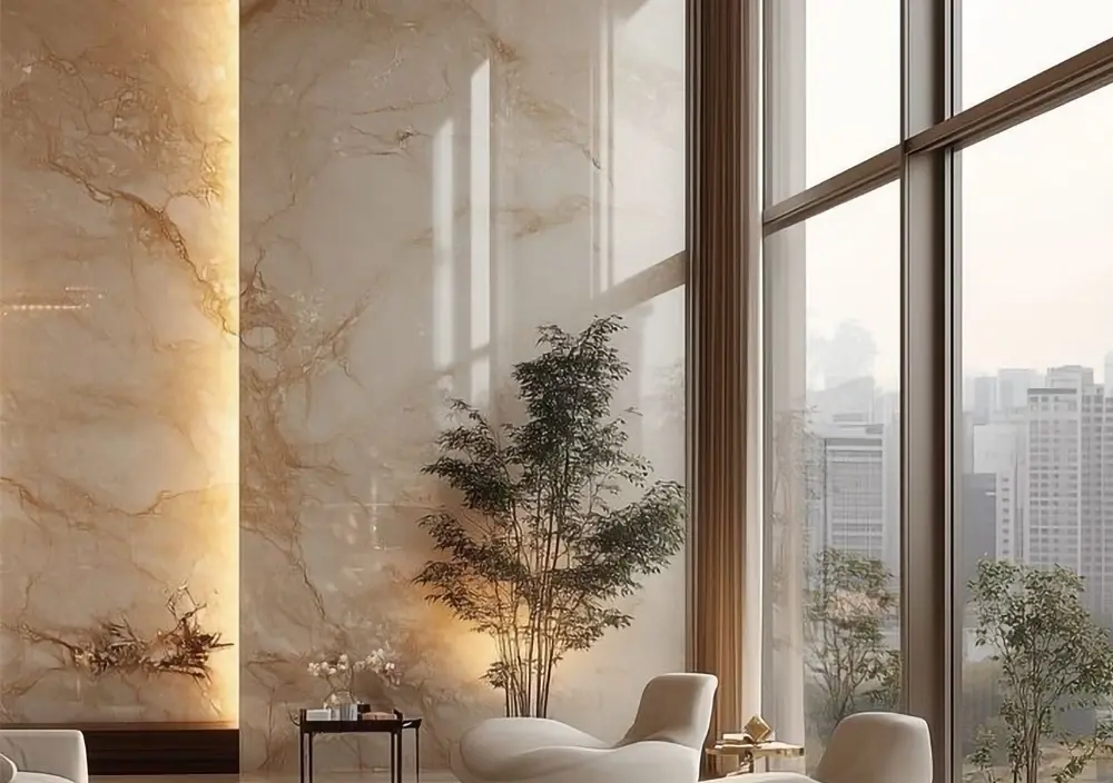 Acabamento Marmorato em parede, mostrando efeito marmorizado, liso e brilhante, ideal para salas, halls e ambientes sofisticados.